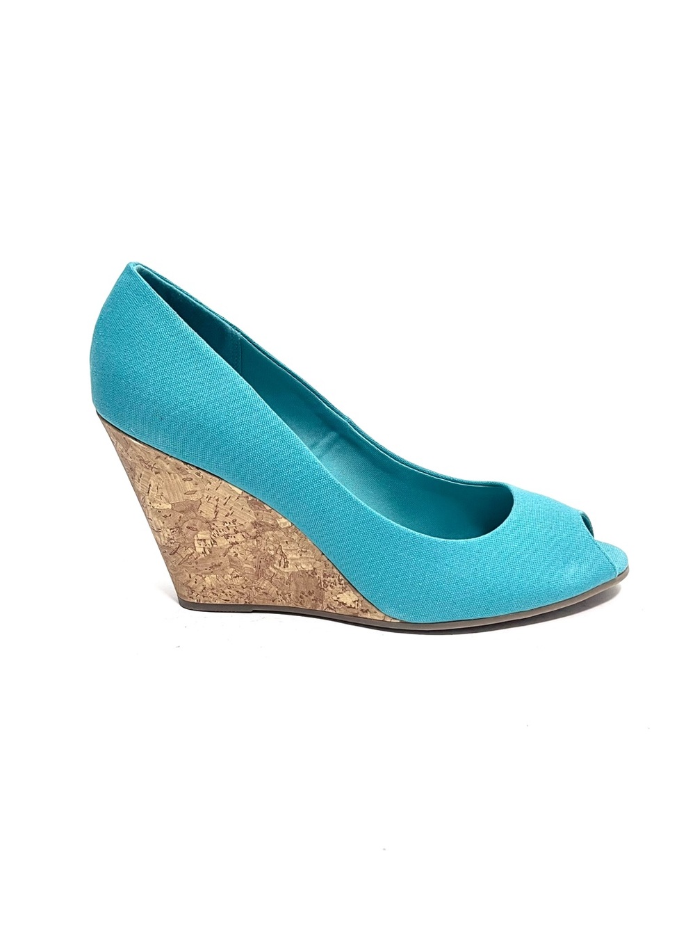 Vintage Y2K deadstock teal canvas fabric peep toe faux cork wedge heels